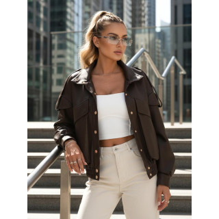 Női barna bőrkabát állógallérral TY5645