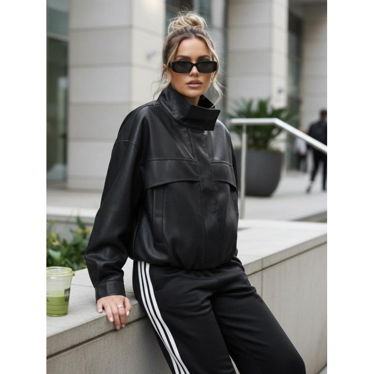 Fekete bőrdzseki magas gallérral TY5651