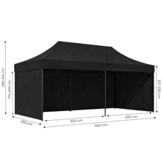 Fekete, önösszecsukható kerti sátor - 3x6 m -