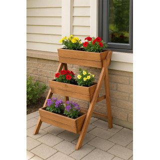 Impregnált, háromszintes fa virágcserép